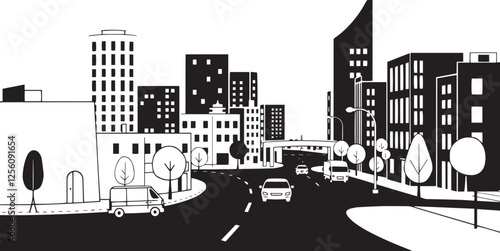 City landscape. Line urban backdrop. Different buildings on street, outline cityscape hand sketch, flat houses. Hand drawn vector illustration