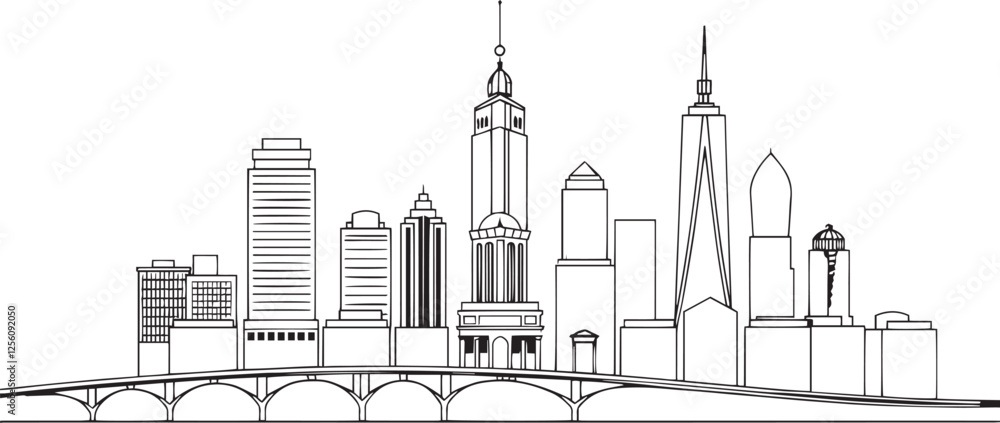 Obraz premium City landscape. Line urban backdrop. Different buildings on street, outline cityscape hand sketch, flat houses. Hand drawn vector illustration