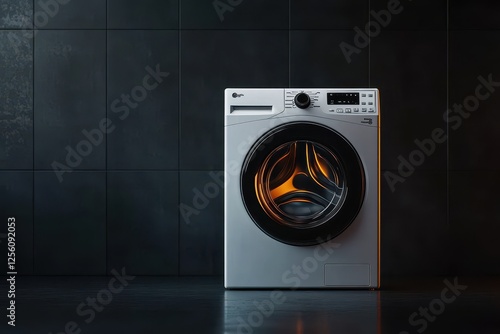 Modern washing machine with glowing drum in a sleek, minimalist laundry room at dusk