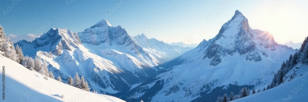 Obraz premium Majestic snow-encrusted mountain peaks in morning light, winter wonderland, frosty, snowy mountains