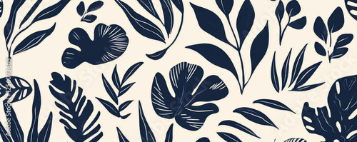 Contemporary hand drawn ethnic pattern, botanical abstract in navy blue on a beige background