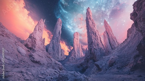 Otherworldly Landscape with Tall Rock Formations Under Starry Sky