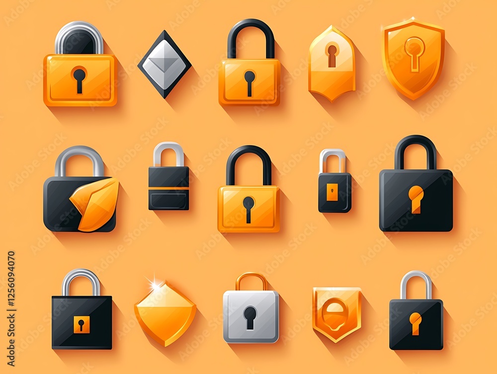 Vector icons set for data encryption, lock, and security on orange Vector icons set for data encryption, lock, and security on orange