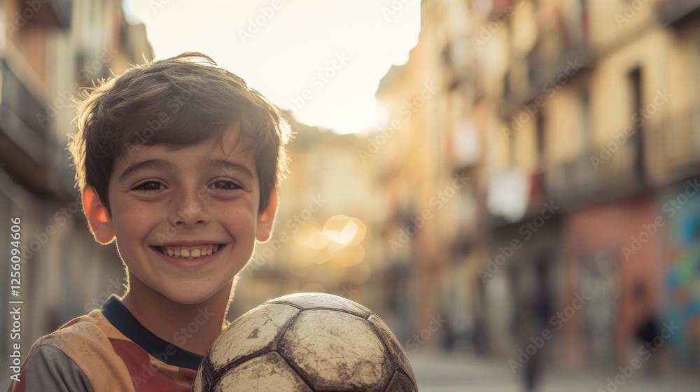 Naklejka premium portrait of a smiling boy holding his soccer ball