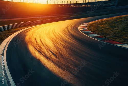 aerial view of modern racing track at sunset, sweeping curves, dramatic shadows, vibrant asphalt contrast