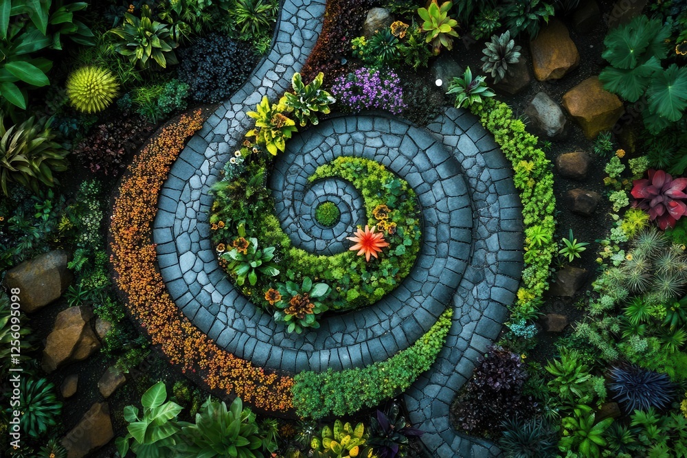 Fototapeta premium aerial view of ornate botanical garden design, intricate spiral patterns of flowering plants, vibrant greens and pastels, morning dew