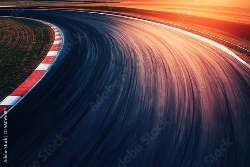 aerial view of modern racing track at sunset, sweeping curves, dramatic shadows, vibrant asphalt contrast