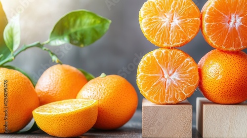 A pile of oranges with one of them cut in half
