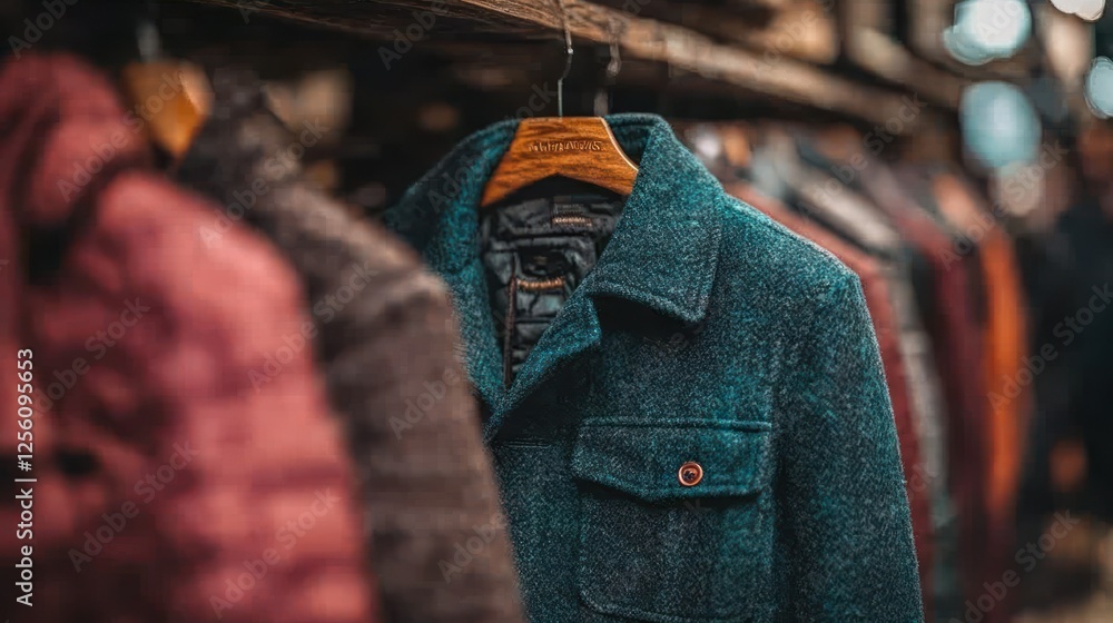 Fototapeta premium Teal wool coat hanging boutique shop winter