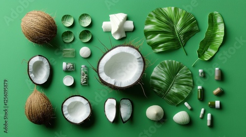 A green background with a variety of items including a coconut, a leaf