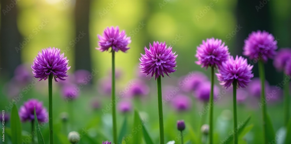 Regal purple alliums bloom in a woodland garden, spring flowers, nature photography, woodland garden Regal purple alliums bloom in a woodland garden, spring flowers, nature photography, woodland garden