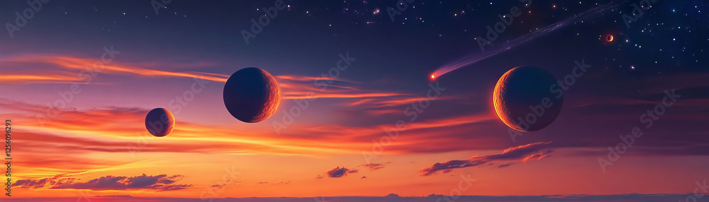 Obraz premium Sunset with multiple moons illuminating an alien landscape