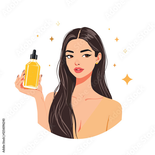 Vsai beautiful woman holding essential oil bottle for skin care routine