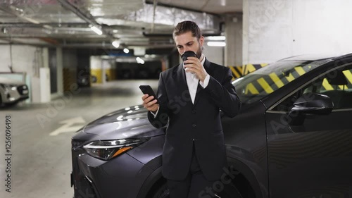 Wallpaper Mural Young Caucasian male businessman holding coffee and using phone in car parking lot. He appears focused and casual, leaning against car in underground garage setting. Torontodigital.ca