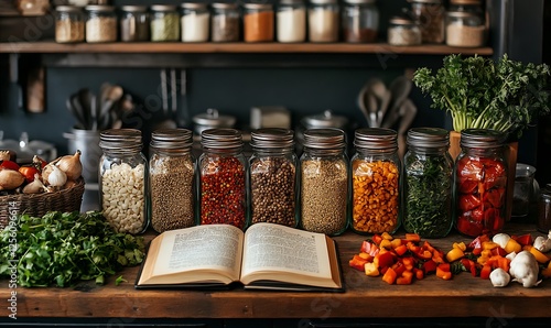Fototapeta Naklejka Na Ścianę i Meble -  Cookbook open on wooden counter with jars of various spices and fresh vegetables.