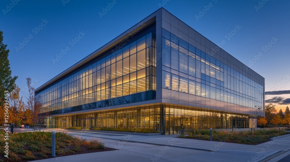 Modern office structure with sleek glass facade at twilight hour scene Modern office structure with sleek glass facade at twilight hour scene