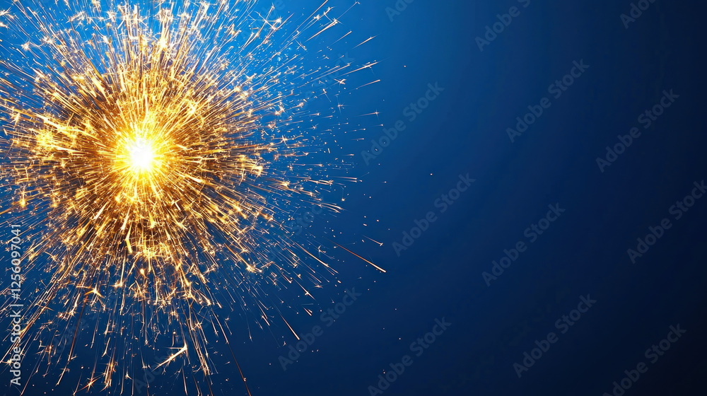 Fototapeta premium Bright sparkler burning on dark blue background for celebration