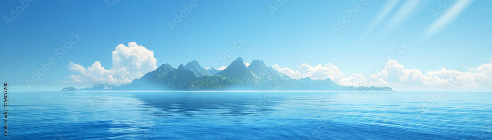 Distant island on the ocean horizon under a clear blue sky with vibrant colors Distant island on the ocean horizon under a clear blue sky with vibrant colors