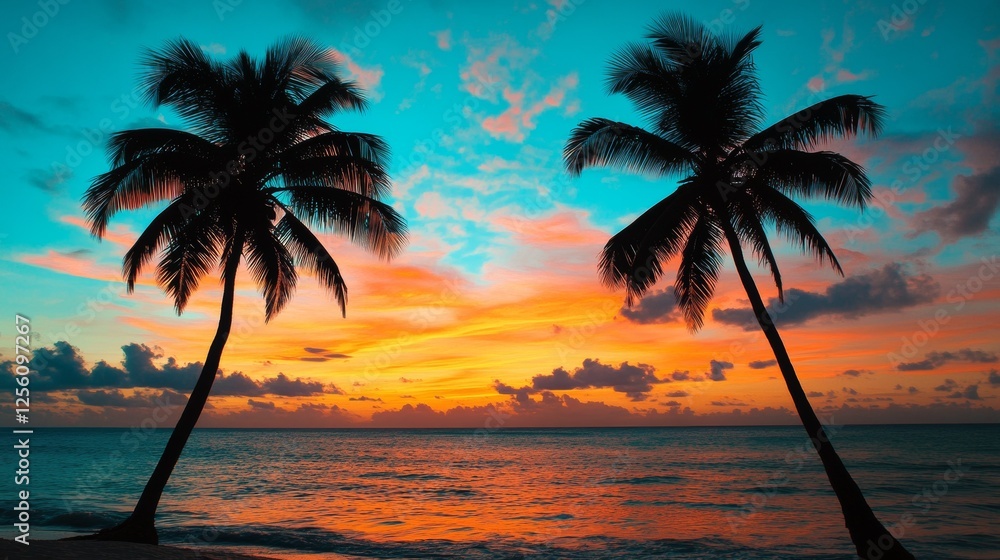 Obraz premium Vibrant tropical beach sunset with silhouetted palm trees and colorful sky