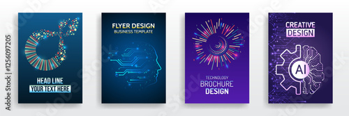 Scientific cover template for presentation, banner. Page layout set for sci-fi. Set of high-tech covers for marketing. Modern technology design for posters. Futuristic background for flyer, brochure.