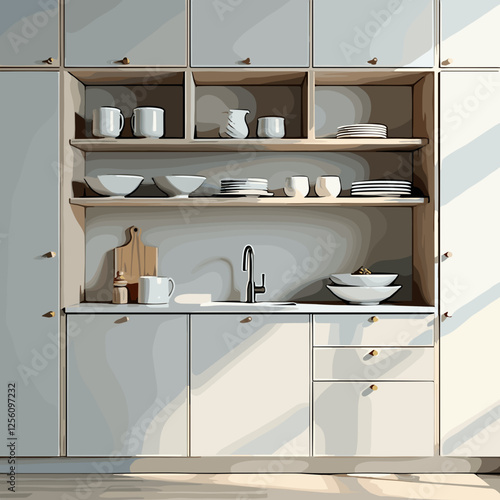 Minimalist 3D kitchen cabinet with open shelving, modern design