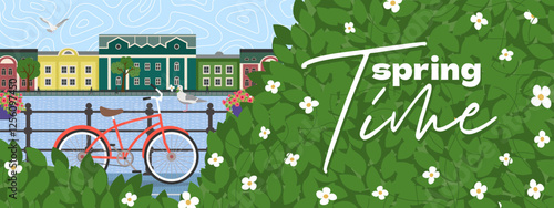 Charming illustration of bike ride on town river embankment. Showcasing greenery, architecture and fresh air. Ideal for spring city themed prints, travel designs, and outdoor lifestyle flyer concepts.