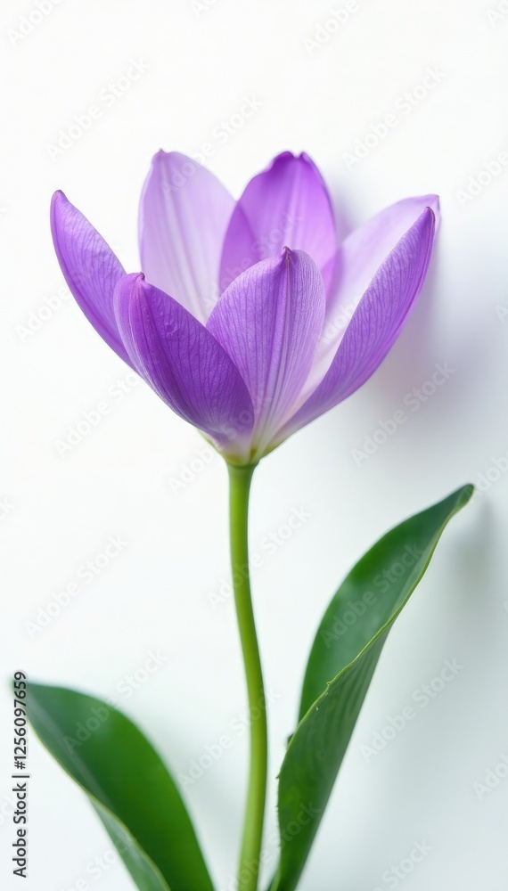 Soft purple petals unfolding against a clean white backdrop, showcasing delicate brush strokes of green foliage, nature, violet, white Soft purple petals unfolding against a clean white backdrop, showcasing delicate brush strokes of green foliage, nature, violet, white