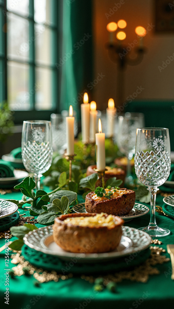 Festive St. Patrick's Day Dining Table: Elegant Green and Gold Decor for Holiday Gatherings and Restaurant Promotions Festive St. Patrick's Day Dining Table: Elegant Green and Gold Decor for Holiday Gatherings and Restaurant Promotions