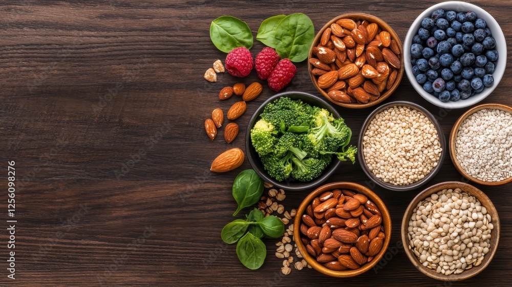 Fresh nutrient-rich ingredients displayed on a wooden surface in bright kitchen light overhead shot capturing vibrant freshness Fresh nutrient-rich ingredients displayed on a wooden surface in bright kitchen light overhead shot capturing vibrant freshness