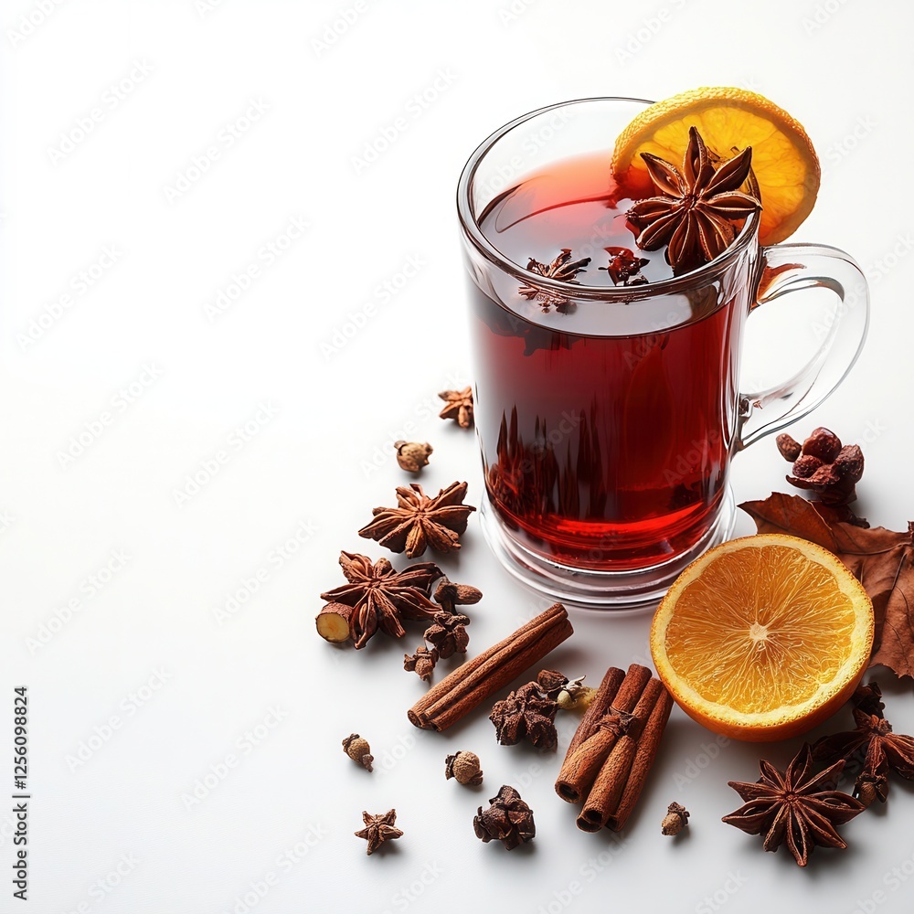 Mulled wine Traditional warming alcoholic drink based on red wine, spices and citrus fruits, in a transparent mug, warm atmosphere, everything lies on a white table, on a white background, copy space Mulled wine Traditional warming alcoholic drink based on red wine, spices and citrus fruits, in a transparent mug, warm atmosphere, everything lies on a white table, on a white background, copy space