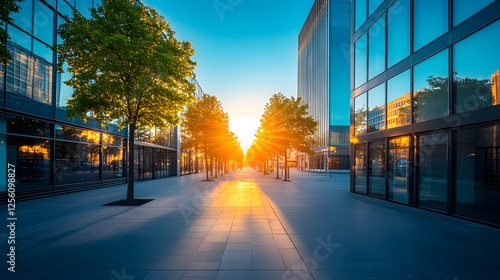 Tree in urban setting next to modern glass office building in a contemporary cityscape photo