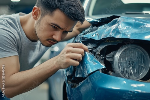 Dedicated auto repair technician analyzes damage on blue car s front fender in bright garage setting photo