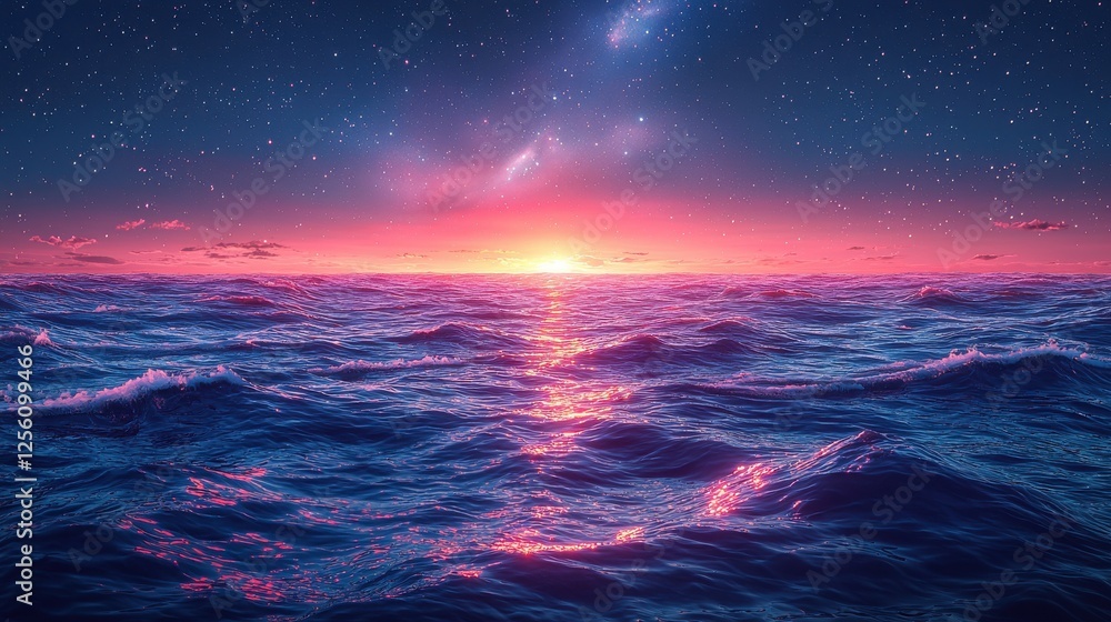 Fototapeta premium Pink Sunset Over the Starry Ocean