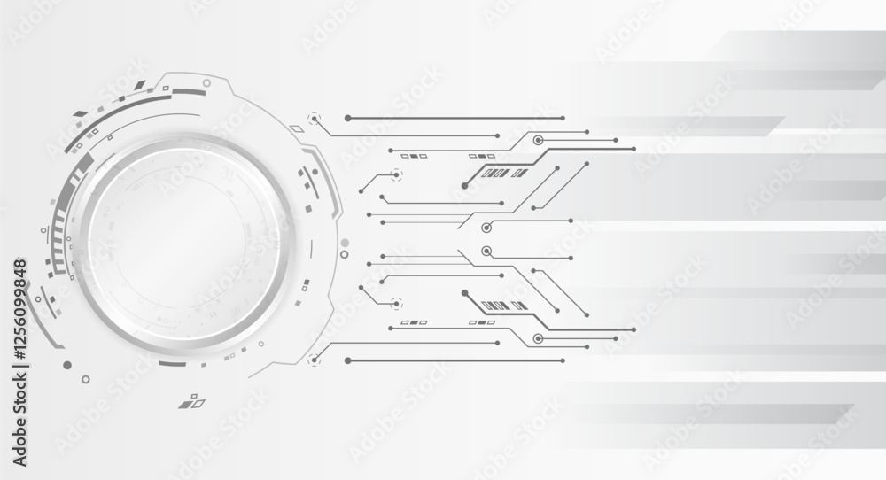Obraz premium Hi-tech grey background with various technology elements. vector illustration of circles and lines with shadows. Abstract futuristic communication.