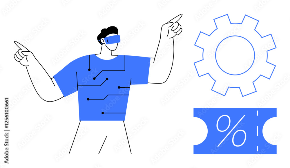 Man wearing VR headset interacting with digital circuits, gear, percentage discount ticket. Ideal for technology, virtual reality, innovation, digital transformation, automation, discounts modern Man wearing VR headset interacting with digital circuits, gear, percentage discount ticket. Ideal for technology, virtual reality, innovation, digital transformation, automation, discounts modern