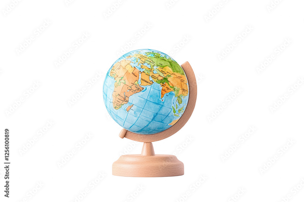 Globe showcasing detailed topographical features with vibrant colors on a wooden stand, placed on a white background for educational purposes and visual appeal Globe showcasing detailed topographical features with vibrant colors on a wooden stand, placed on a white background for educational purposes and visual appeal