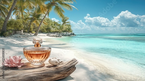 Fototapeta Naklejka Na Ścianę i Meble -  Tropical beach perfume bottle photoshoot