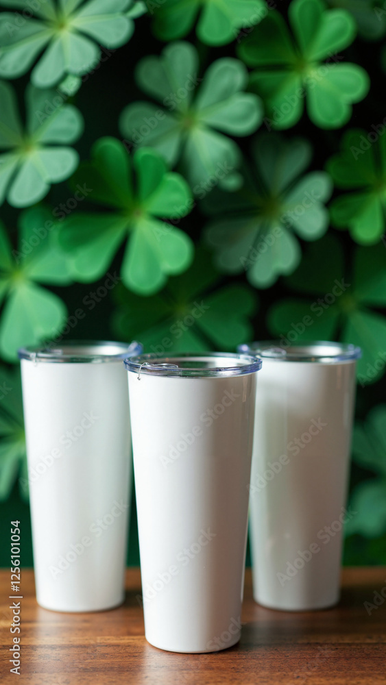 Elegant White Tumblers on Wooden Table with Clover Background: Perfect for St. Patrick's Day Promotions Elegant White Tumblers on Wooden Table with Clover Background: Perfect for St. Patrick's Day Promotions