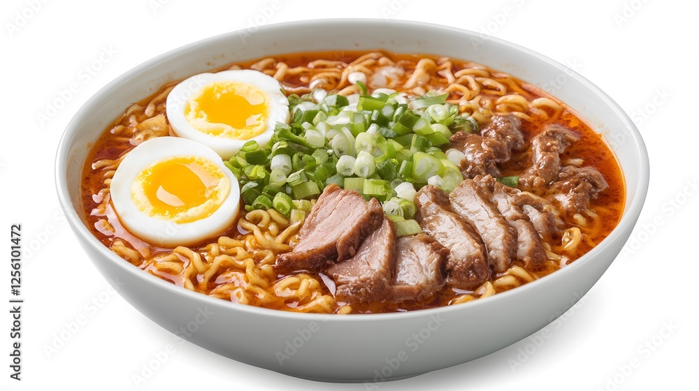 Spicy Ramen Noodles: A steaming bowl of ramen noodles with pork, soft boiled eggs, and scallions, inviting you to savor the flavors of spicy, savory, and umami. Spicy Ramen Noodles: A steaming bowl of ramen noodles with pork, soft boiled eggs, and scallions, inviting you to savor the flavors of spicy, savory, and umami.