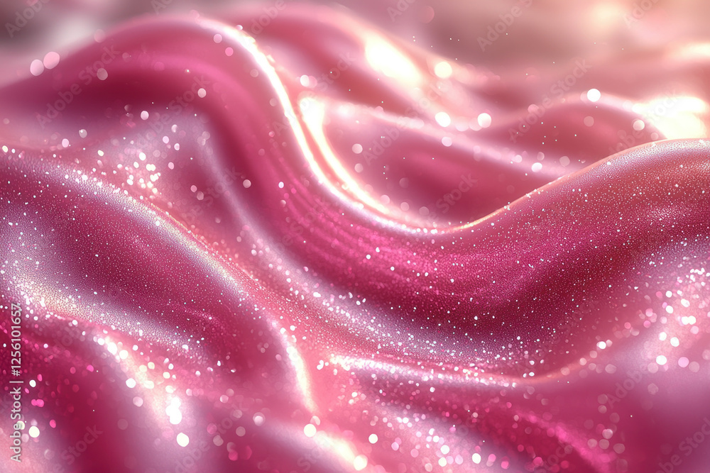 Shimmering pink fabric with glitter, flowing waves, soft light