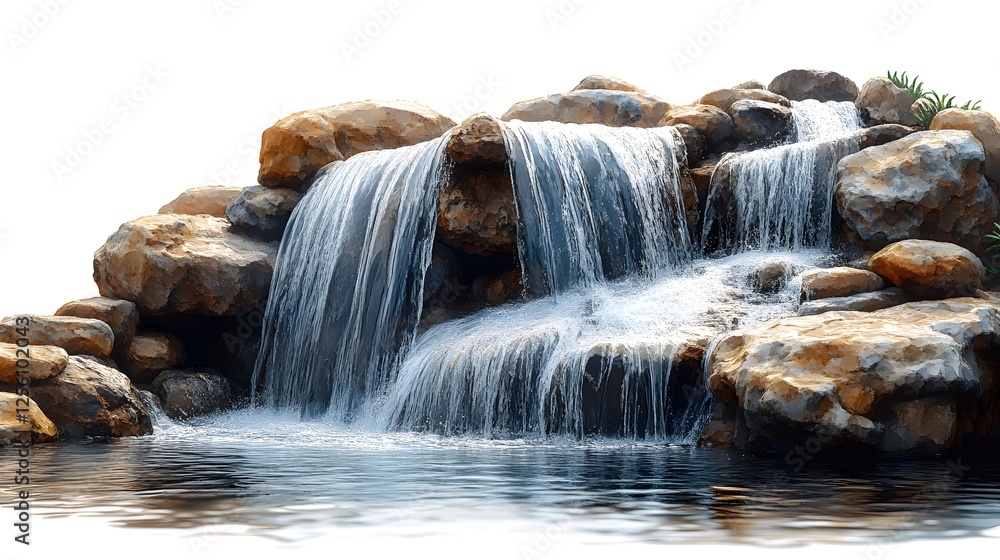 Fototapeta premium Waterfall Flowing Over Rocks Isolated on White Background