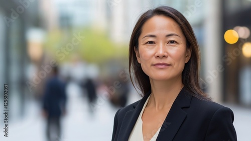A mature mid-40s East Asian business woman with a gentle expression standing on a busy high-rise street.