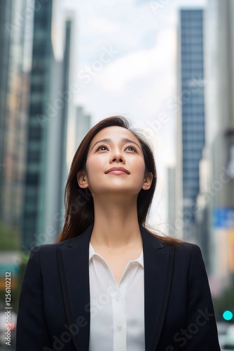 Wallpaper Mural A mid-20s East Asian business woman with a gentle expression standing on a busy high-rise street staring into the sky. Torontodigital.ca