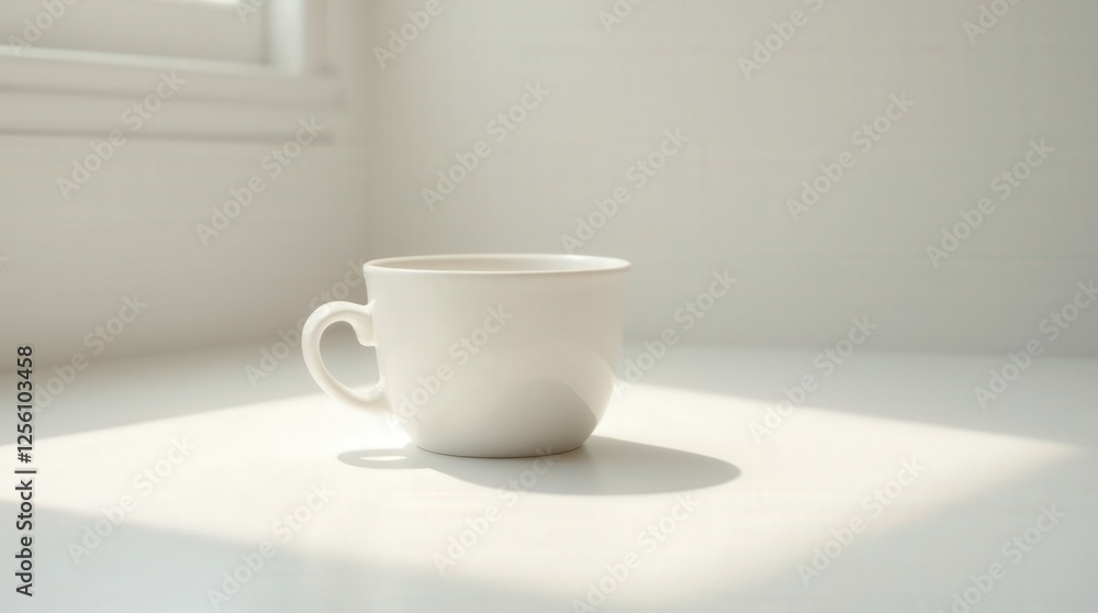 Simple white cup on a sunlit table in a serene indoor setting Simple white cup on a sunlit table in a serene indoor setting