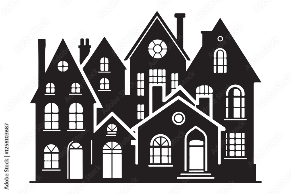 Silhouette Charming Houses Vector Illustration Black Village Scene Silhouette Charming Houses Vector Illustration Black Village Scene