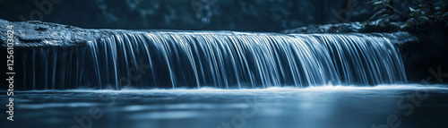 Blurred waterfall with flowing water and soft bokeh highlights in a serene natural setting