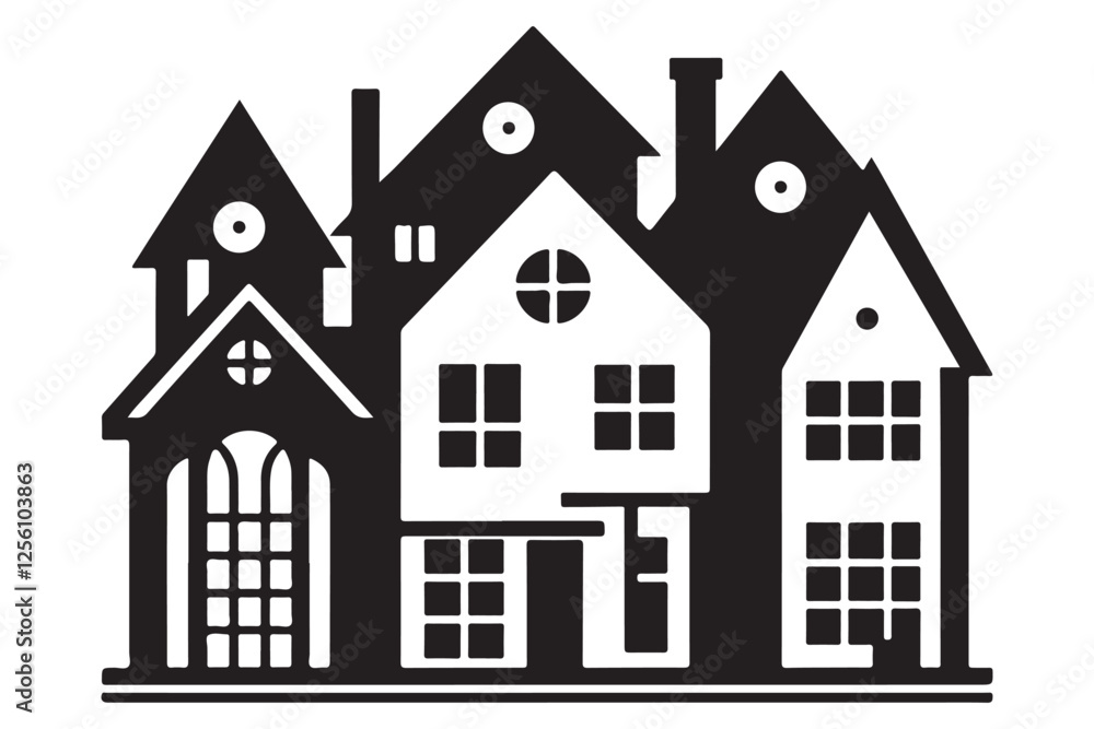 Cluster of stylized houses black and white vector illustration Cluster of stylized houses black and white vector illustration
