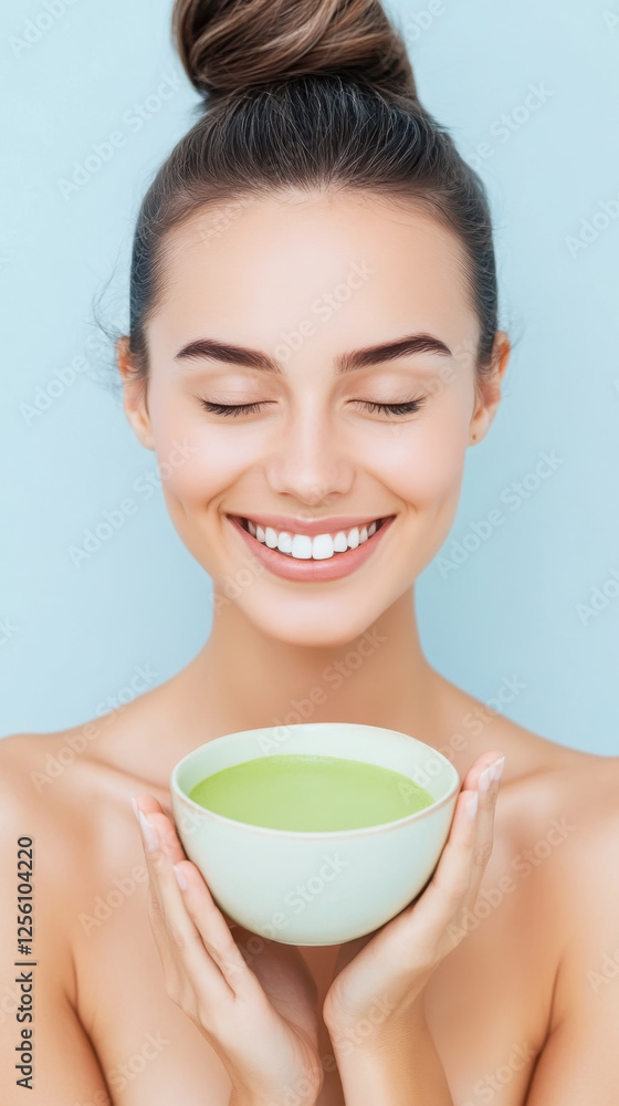 Woman enjoying a relaxing moment with matcha tea on a calm blue background Woman enjoying a relaxing moment with matcha tea on a calm blue background