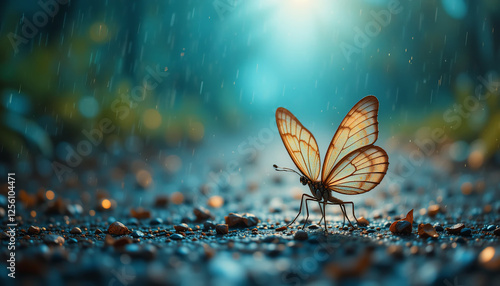 Ethereal butterfly, glowing wings, magical forest floor, shimmering droplets, soft blue light, bokeh effect, mystical atmosphere, macro photography, fantasy woodland, dew-covered pebbles, enchanted na photo