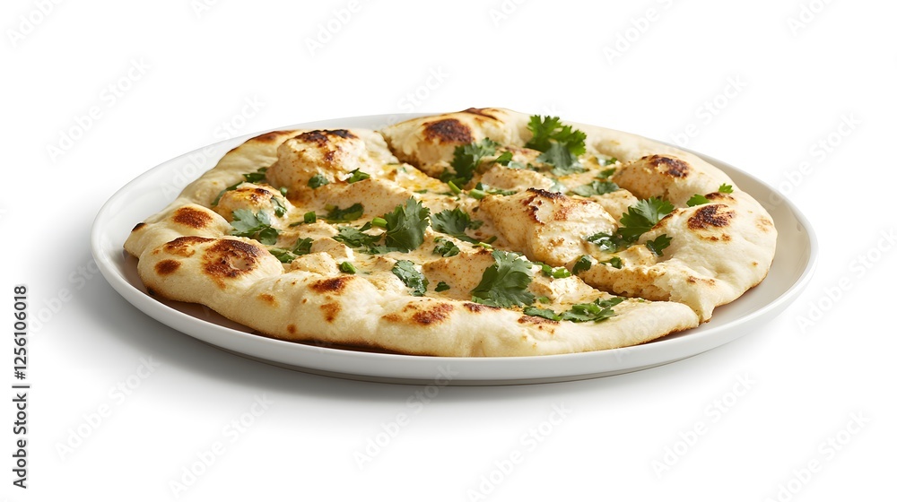 Chicken Tikka Masala Naan Pizza: A delectable fusion dish, featuring tender chicken tikka masala atop a crispy naan pizza base, garnished with fresh cilantro. A culinary adventure for the senses. Chicken Tikka Masala Naan Pizza: A delectable fusion dish, featuring tender chicken tikka masala atop a crispy naan pizza base, garnished with fresh cilantro. A culinary adventure for the senses.